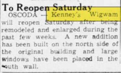 Kenneys Wig Wam (Wig-Wam, Wigwam) - Apr 25 1947 Article (newer photo)